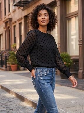 LOFT Black Velvet Polka Dot Sheer Long Sleeve Blouse Size S Smocked Cuffs